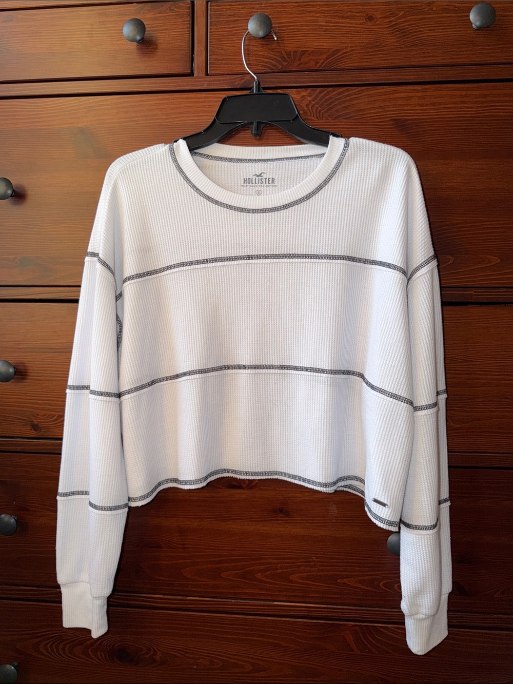 Hollister White Waffle-Knit Long-Sleeve Top with Black Stripe Trim